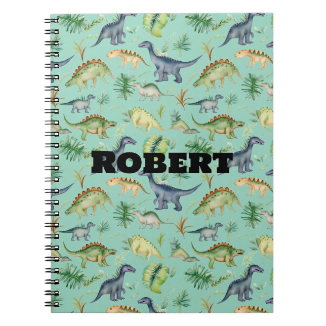 Söta dinosaurier grön akvarell barn mönster anteckningsbok (Framsidan)