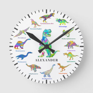 Söta dinosaurier med namn färgglada Personliga Rund Klocka