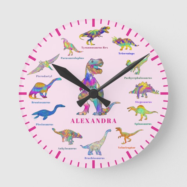 Söta dinosaurier med namn rosa rund klocka (Framsida)
