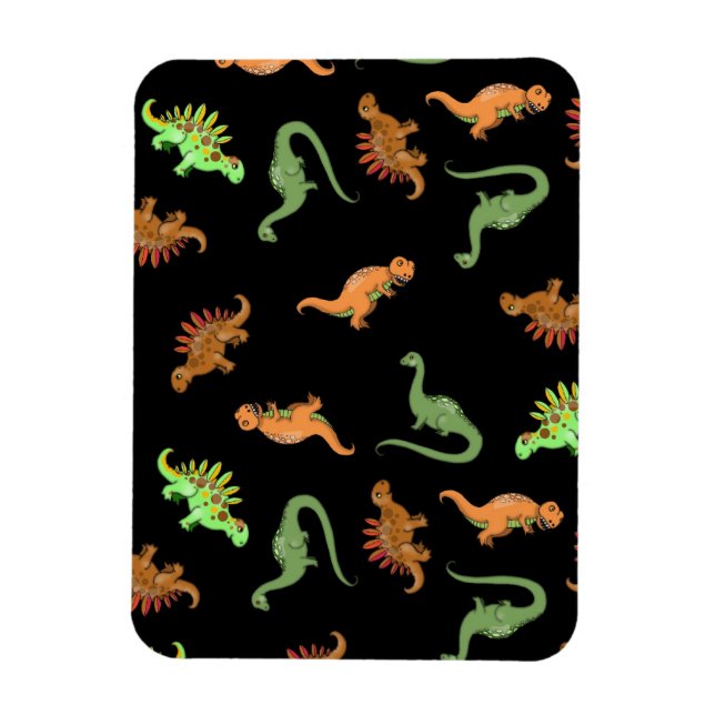 Söta dinosaurier på svart bakgrund magnet (Vertikal)