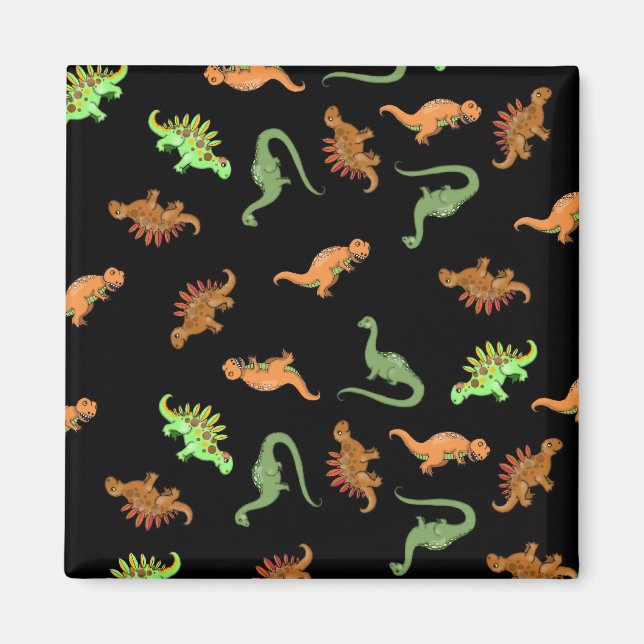 Söta dinosaurier på svart bakgrund magnet (Framsidan)