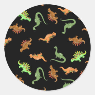Söta dinosaurier på svart bakgrund runt klistermärke