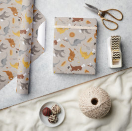 Söta dinosaurier som lagar mat i beige och brunt presentpapper
