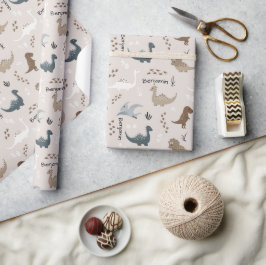 Söta dinosauriespår & anpassat namn Beige Presentpapper