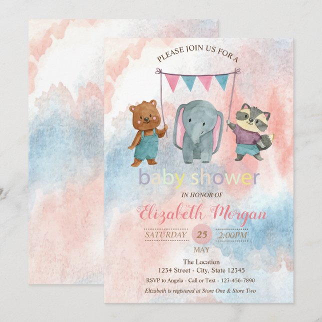 Söta djur, akvarell baby shower inbjudan (Fram/baksida)