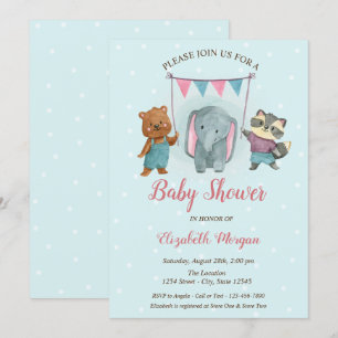 Söta djur, blå prickar Baby Shower Inbjudningar