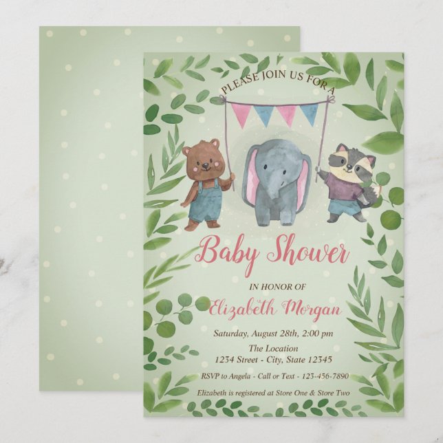 Söta djur, blad, blå prickar Baby Shower Inbjudningar (Fram/baksida)