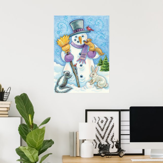Söta djur bygger en snöman för jul poster (Hemmakontoret)