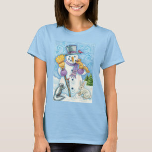 Söta djur bygger en snöman till jul t shirt