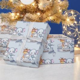 Söta djur Elefant Giraff Koala Blå Anpassad Presentpapper