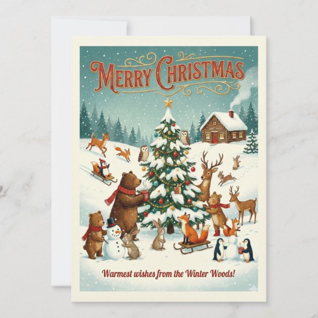 Söta djur firar jul i snö julkort (Framsida)