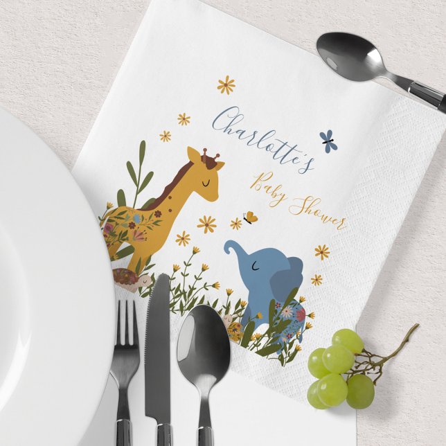 Söta djur för bebisar Blommig babyfest Pappersservett (Animals Giraffe Elephant Turtle Snail Baby Shower Napkins ©Susanne Sachers - Sunny Mind Design 🌞)