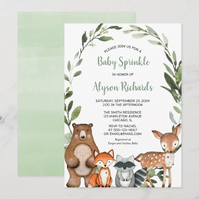 Söta djur i Woodland baby sprinkle-skogen Inbjudningar (Fram/baksida)