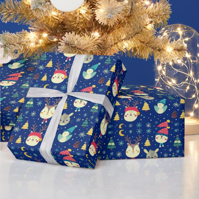 Söta djur julgranar Blå jul Presentpapper (Helgdagar)