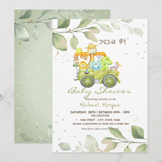 Söta Djur Lastbil Kör Förbi Baby Shower Inbjudningar (Fram/baksida)