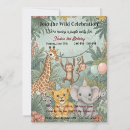 Söta Djur på Djungel Safari Wild One 3-års Födelse Inbjudningar