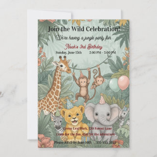 Söta Djur på Djungel Safari Wild One 3-års Födelse Inbjudningar