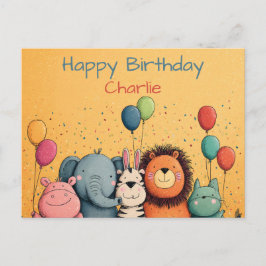 Söta djur på zoo-fest med ballonger och konfetti vykort