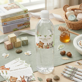 Söta djur skogsmark akvarell baby shower vattenflaska etikett