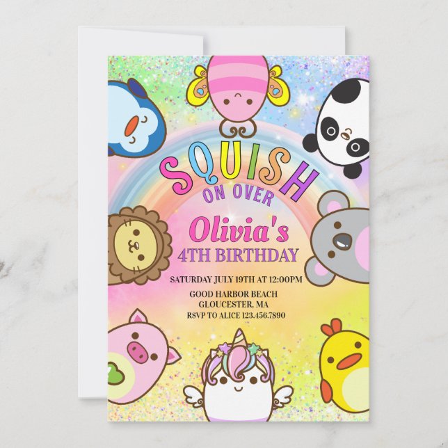 Söta djur Squish Girl Födelsedagsfest Inbjudningar (Framsida)