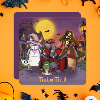 Söta djur trick or treat Halloween Platt Kort