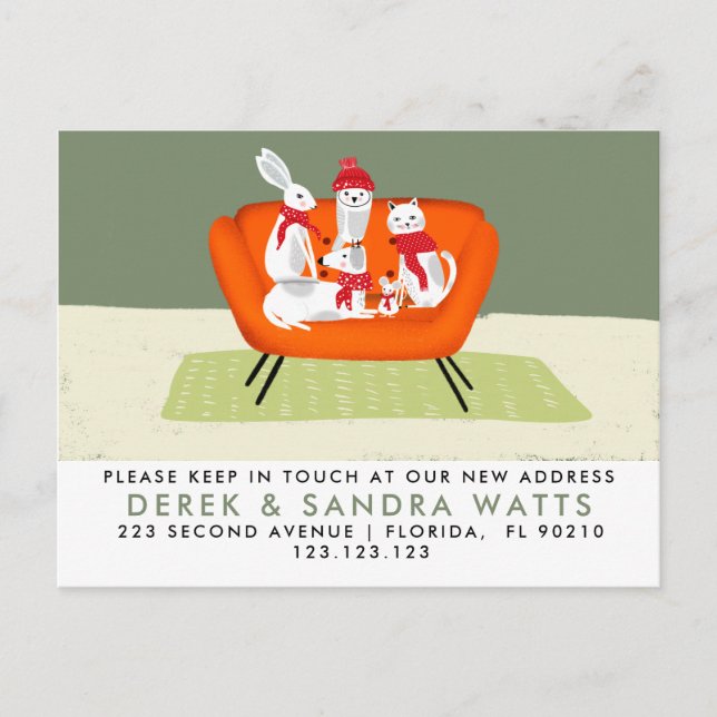 Söta djur vi har flyttat, hundar, katt, uggla, meddelande vykort (Framsida)