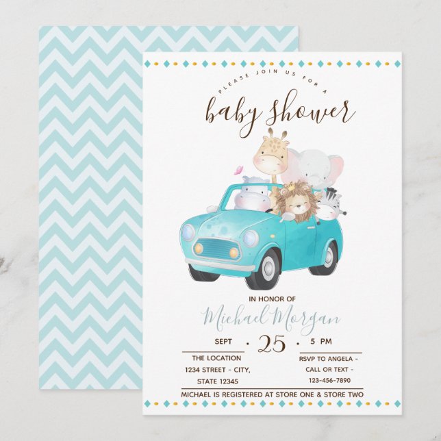 Söta djurungar i bil, sicksack-babyshower inbjudningar (Fram/baksida)