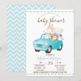 Söta djurungar i bil, sicksack-babyshower inbjudningar