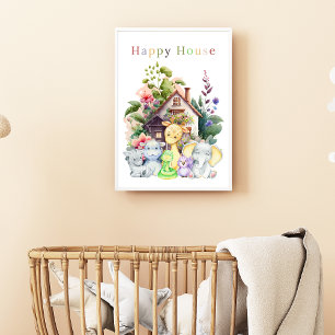 Söta djurungar och lyckat hus   Färgrik text Poster