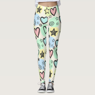 Söta doodle-hjärten och stjärnor i pastellfärger leggings