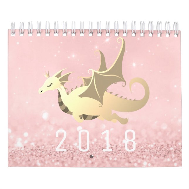 Söta Dragon Baby Glitter Rosa ros Guld Pastel Kalender (Omslag)