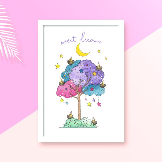 Söta Dreams Watercolor Sleeping Birds Poster (Sweet Dreams Watercolor Art Print)