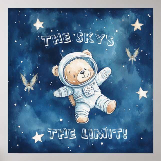 Söta Drömmar Blå Astronaut Teddy Barnkammare Affis Poster (Framsidan)