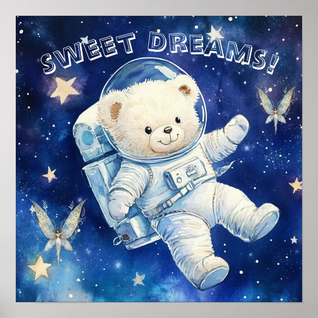 Söta Drömmar Blå Astronaut Teddy Barnkammare Affis Poster (Framsidan)