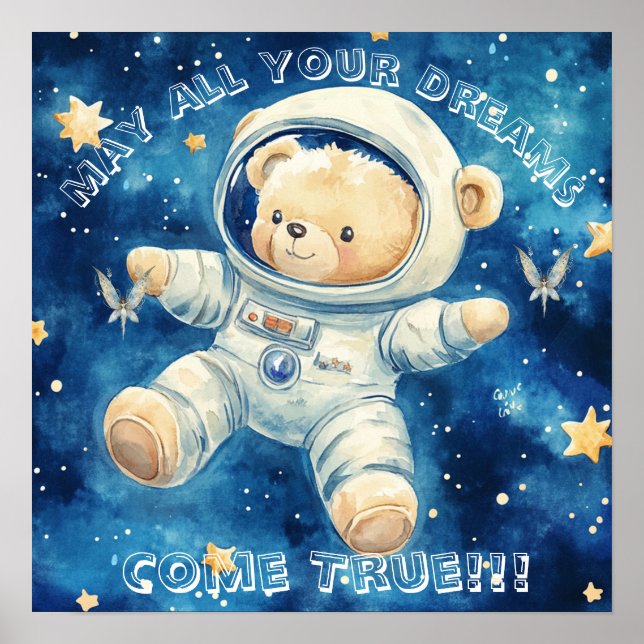 Söta Drömmar Blå Astronaut Teddy Barnkammare Affis Poster (Framsidan)