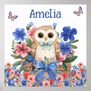 Söta Drömmar Blommig Baby Uggla & Barnets Namn  Poster