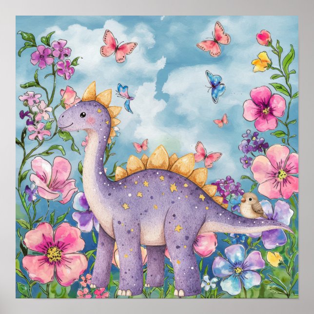 Söta Drömmar Blommig Lila Dinosaurie Napp Rum  Poster (Framsidan)