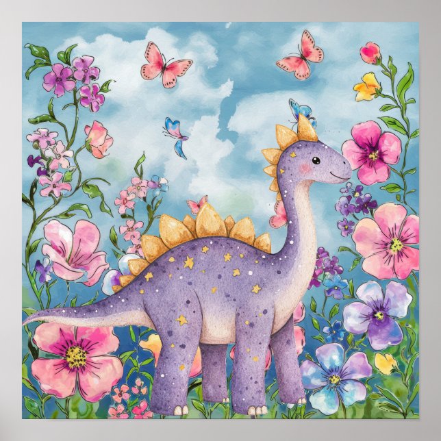 Söta Drömmar Blommig Lila Dinosaurie Napp Rum  Poster (Framsidan)