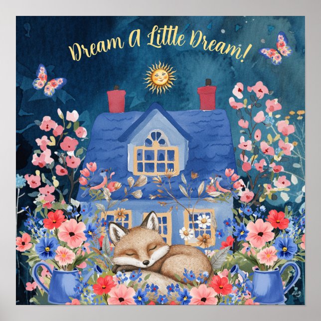 Söta Drömmar Blommig Räv & Fåglar Barnkammare  Poster (Framsidan)