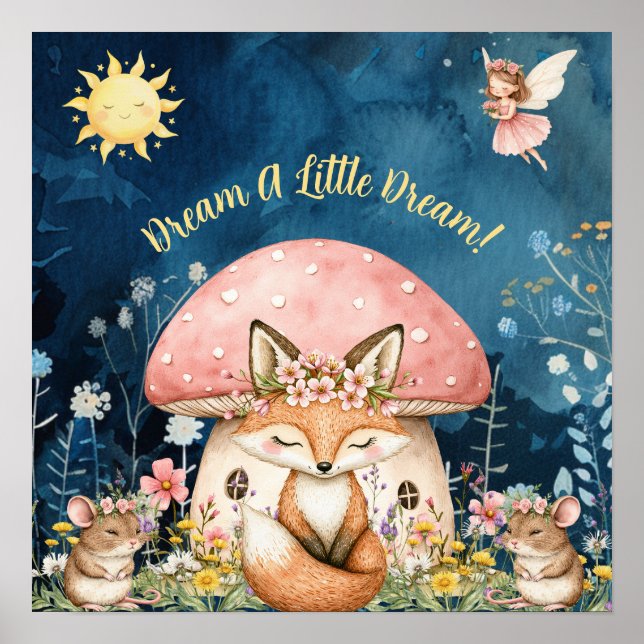 Söta Drömmar Blommig Räv & Mus Barnkammare  Poster (Framsidan)