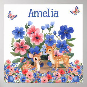 Söta Drömmar Blommig Ren & Fåglar Barnets Namn Poster