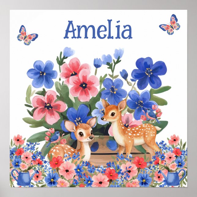 Söta Drömmar Blommig Ren & Fåglar Barnets Namn  Poster (Framsidan)