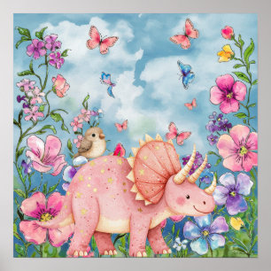Söta Drömmar Blommig Rosa Noshörning Barnkammare Poster