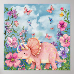 Söta Drömmar Blommig Rosa Noshörning Barnkammare Poster