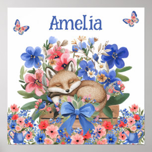 Söta Drömmar Blommig Sovande Räv & Barnets Namn Poster