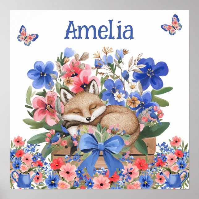 Söta Drömmar Blommig Sovande Räv & Barnets Namn  Poster (Framsidan)