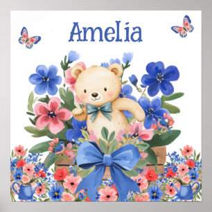 Söta Drömmar Blommig Teddybjörn & Barnets Namn Poster