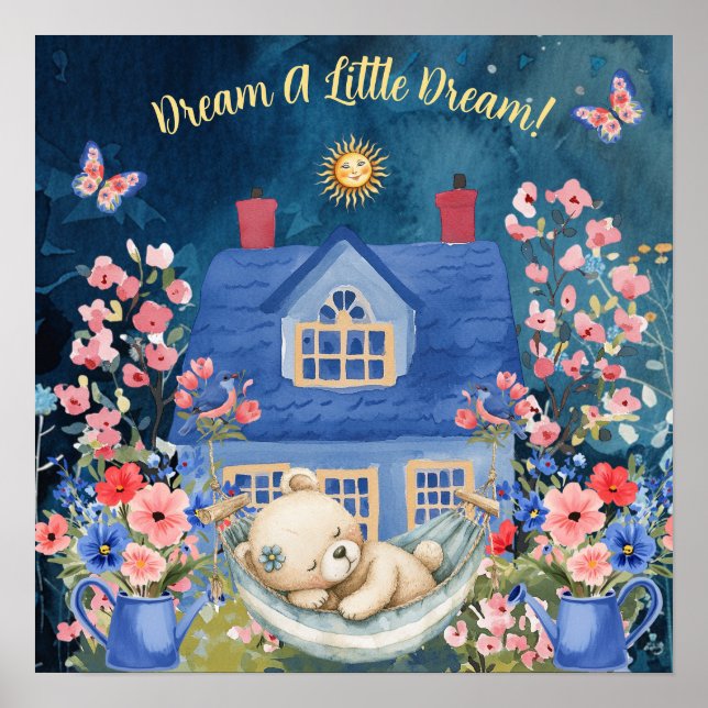 Söta Drömmar Blommig Teddybjörn & Fåglar Barnkamma Poster (Framsidan)