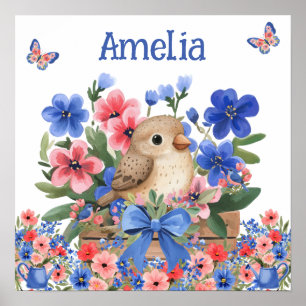 Söta Drömmar Blommiga Fåglar & Barnets Namn Poster