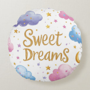 Söta drömmar - Cute Clouds and Stars Illustration Rund Kudde